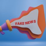 Ilustração 3D de um megafone colorido com a expressão “Fake News”, simbolizando a desinformação nos meios digitais.