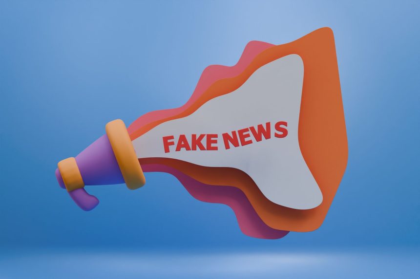 Ilustração 3D de um megafone colorido com a expressão “Fake News”, simbolizando a desinformação nos meios digitais.