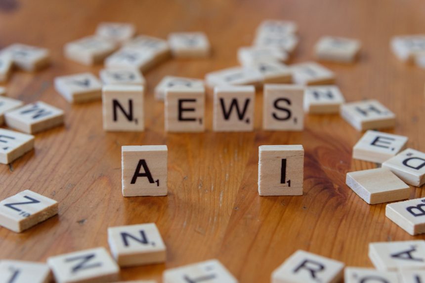 Peças de madeira formam as palavras “AI” e “NEWS”, simbolizando a aplicação da inteligência artificial ao jornalismo.