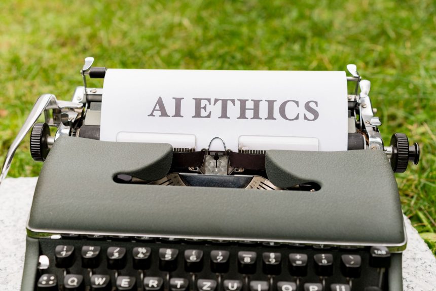 Máquina de escrever antiga com a expressão “AI ethics” escrita em uma folha de papel.