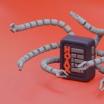 Robô tridimensional com braços em forma de tentáculos diante da palavra “HOAX”, em referência à inteligência artificial e à desinformação digital
